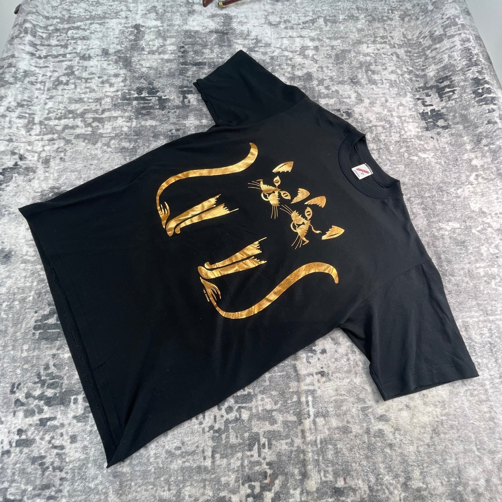 Vtg Jerzees Big Banana Gold Twin Kitty T-shirt Womens Large Black USA Made